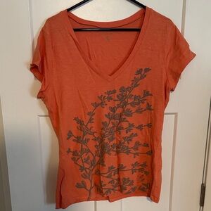Banana Republic Factory Bright Orange and Gray Floral V-Neck Tee